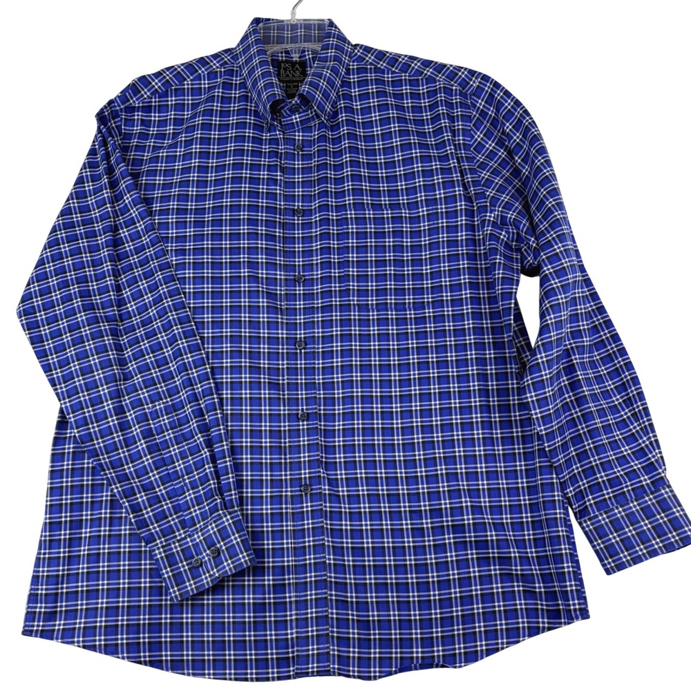 Jos. A. Bank L Blue Plaid Shirt Tailored Fit Traveler's Collection Button Down